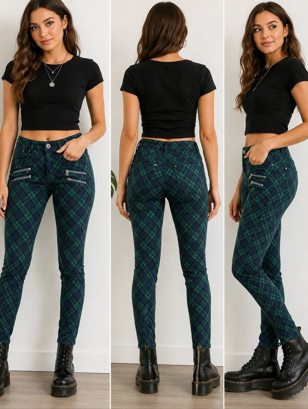 3 - Rewind Plaid Skinny Pants Green Navy Retro Y2K Zip Pocket Stretch